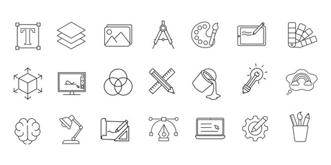 Art, creativity and graphic design related outline icons set on white background flat vector illustration.
