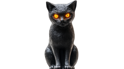Black cat Halloween statue with glowing eyes Transparent background, PNG file