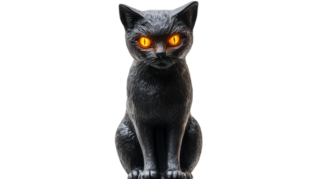 Black cat Halloween statue with glowing eyes Transparent background, PNG file