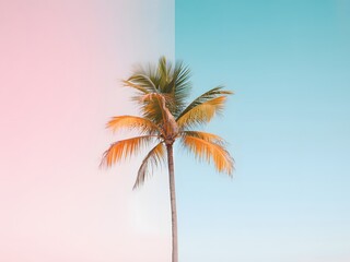 Single Palm Tree Pink Blue Minimalist Background single tree