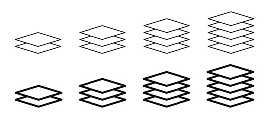 Stacked Layers Icon Set – Outline and Solid Vector for Levels, Tiers, and Material Surfaces, Vector illustration.