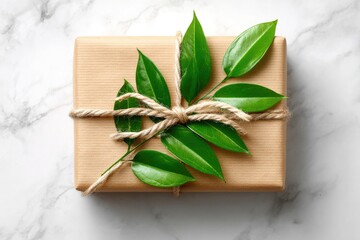 Recycled gift box with a sprig of fresh leaves.