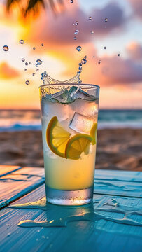 Vaso de cristal lleno de limonada, hielo y rodajas de lim&oacute;n, con vibrantes salpicaduras de agua, ambientado en una hermosa playa al atardecer con siluetas de palmeras.