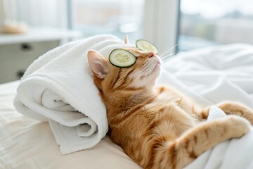 Relaxed ginger cat enjoying a spa day with cucumber eye mask on a white towel