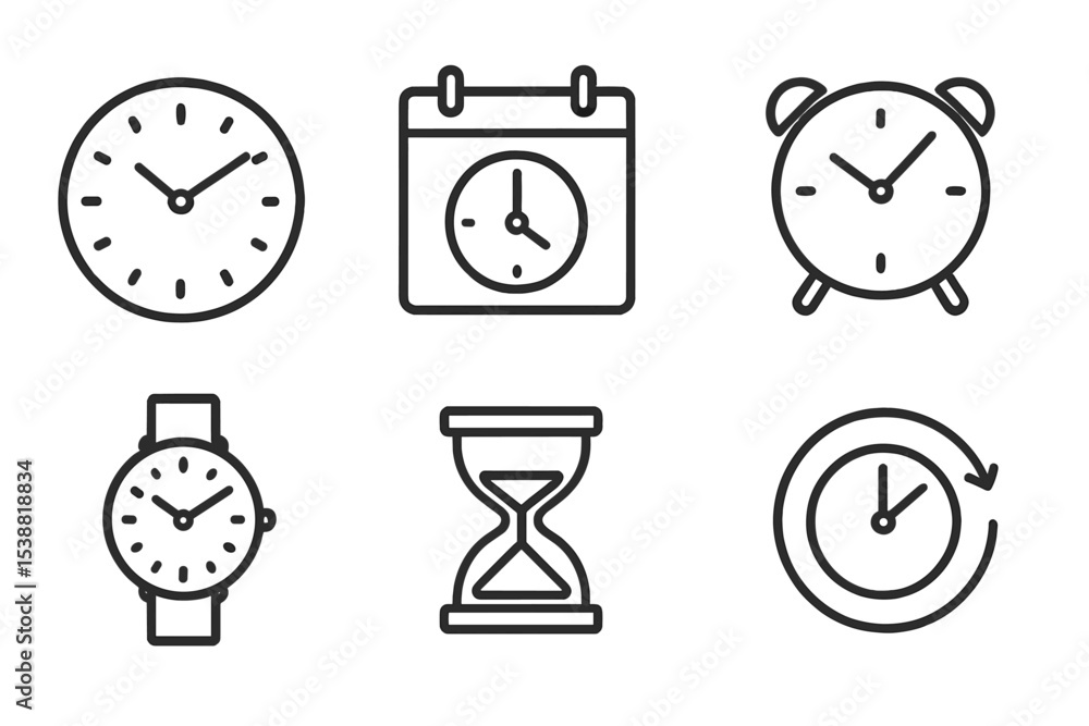 Poster collection of various clocks highlighting time management concepts in a minimalistic design