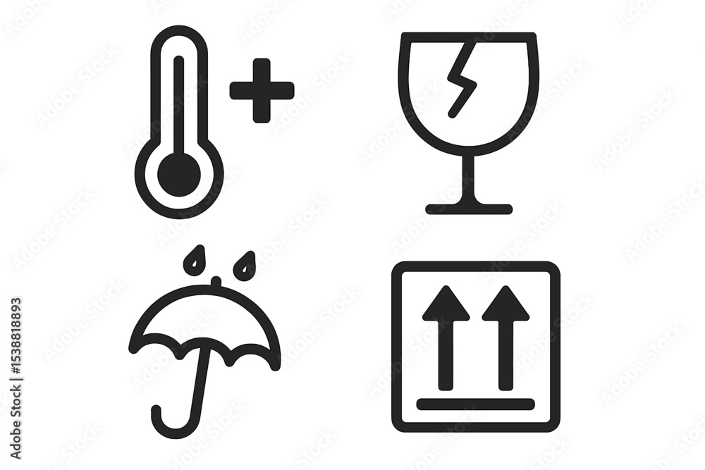 Poster symbols illustrating caution for temperature, breakage, moisture, and handling in storage and transp