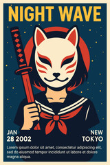 Night wave poster illustration of anime girl in fox mask with katana in vintage Japanese style, retro event or festival promotion