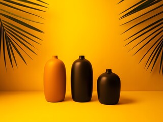 Three Ceramic Vases Yellow Background Palm Leaves orange vase