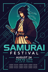 Retro samurai festival poster with pixel art warrior, Japanese culture event flyer, traditional katana character design, vintage style background