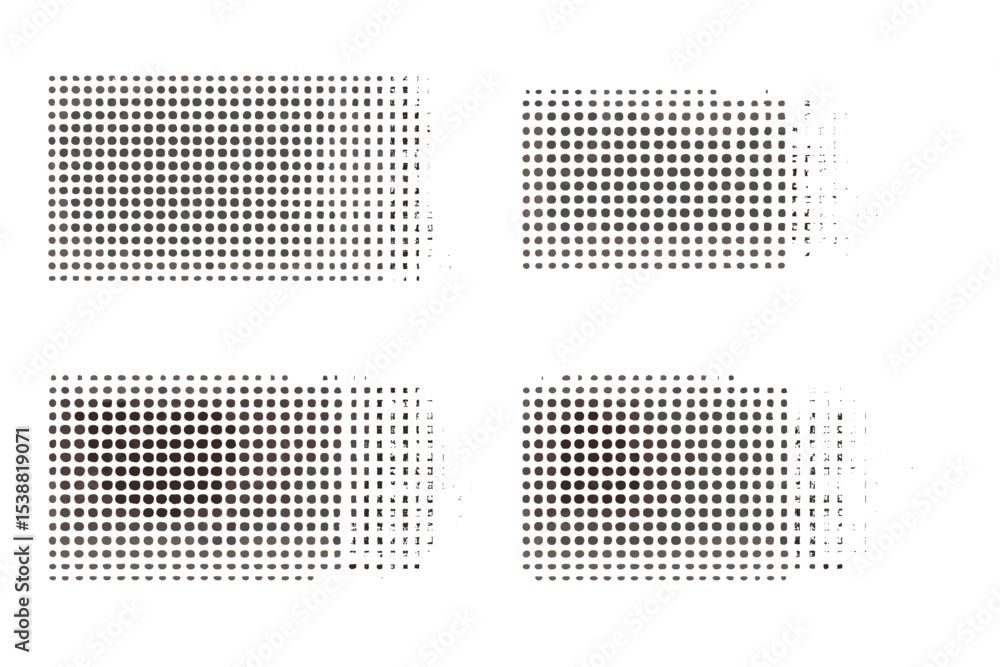 Poster abstract dotted pattern design with varying transparency and shapes displayed in four quadrants