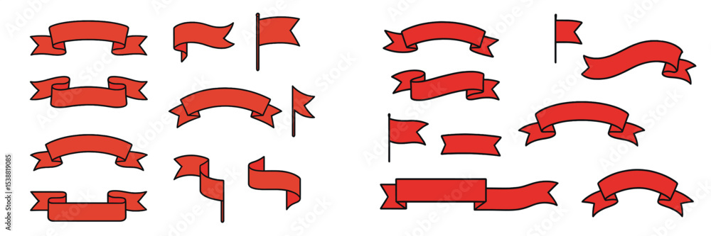 Poster collection of red banners and flags designed for various uses in graphic projects and creative works