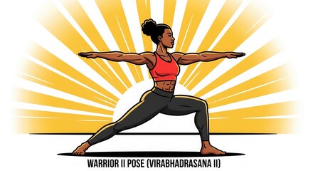 Obraz premium Warrior II Pose (Virabhadrasana II) – International Yoga Day Poster, Easy Yoga Drawing