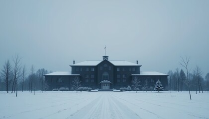 Large, dark building on a snowy landscape.