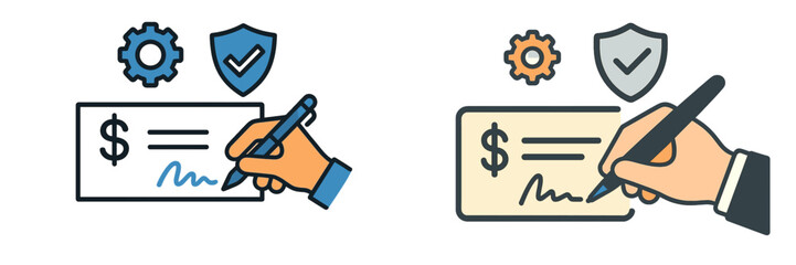 Icons depicting a hand signing a check with elements representing security and verification processes