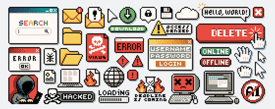 Retro computing. Pixel art error and internet search window, digital buttons and pixelated tech computer and laptop, email envelope and folder vector icons set
