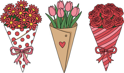  Floral Bouquets: Daisies, Tulips, Roses, Gift Illustration