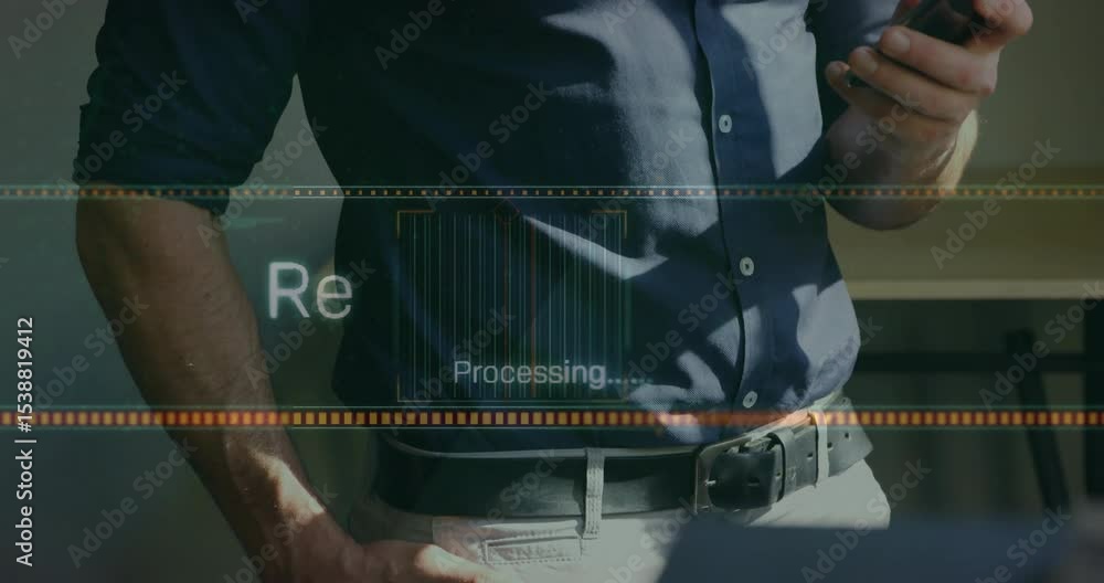Poster businessman viewing receiving files overlay and lifting smartphone while monitoring progress bar