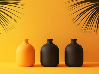Three Matte Vases Orange Yellow Black Minimalist Background