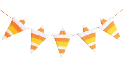 Candy corn-themed bunting with stitched patterns Transparent background, PNG file