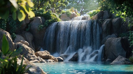 Serene Waterfall Cascading Over Rocks Surrounded by Lush Greenery and Sunlight in a Natural Landscape