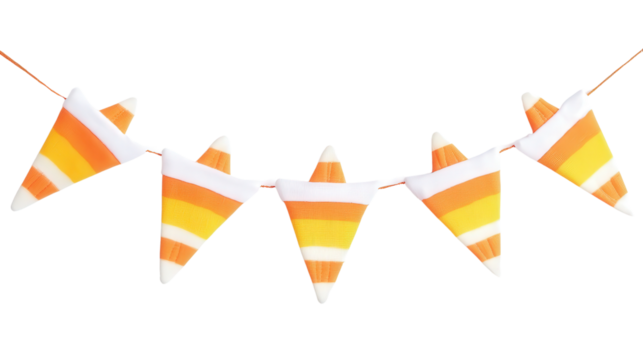 Candy corn-themed bunting with stitched patterns Transparent background, PNG file