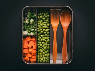 Top View Metal Bento Box Chopped Carrots Peas Cucumber Wooden Utensils