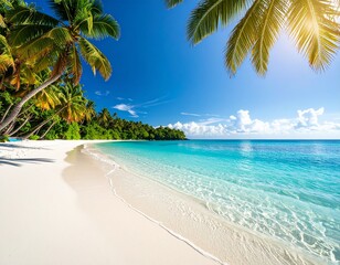 Pristine tropical beach with crystal clear turquoise water, white sand, palm trees, paradise destination