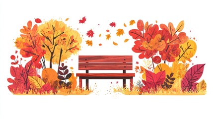 A park bench sits serenely amidst vibrant autumn foliage, with leaves swirling in a gentle breeze, creating a picturesque fall scene