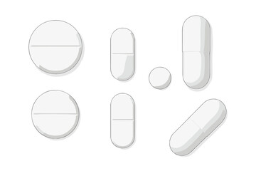 White capsules and tablets arranged in various shapes and sizes on a bright surface