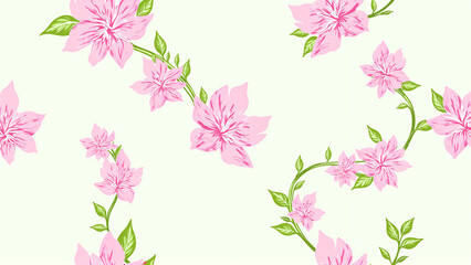 Seamless hand-drawn pattern featuring vibrant pink bougainvillea climbing on a light green background, with lush green leaves and large cascading flowers, detailed linework and bright colors.