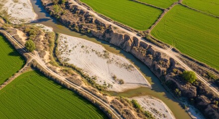 Aerial View of River and Farms Near Agricultural Land