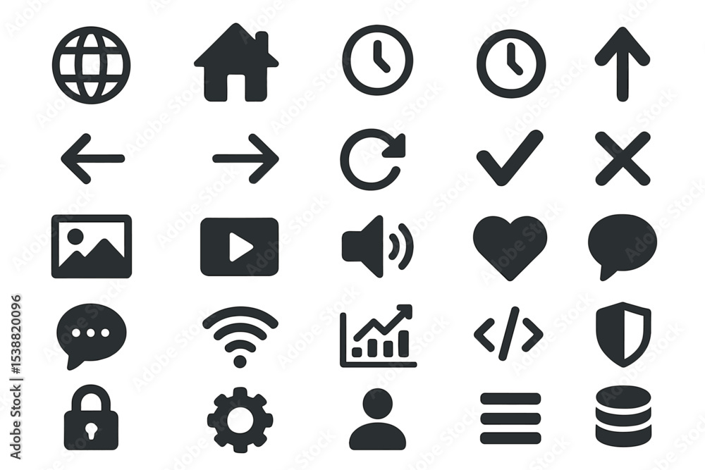 Poster set of various black icons representing technology, communication, and user interface elements in a 