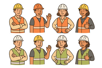 Construction workers in various poses, showcasing teamwork and safety in a collaborative environment