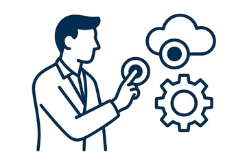 Person interacting with technology icons including cloud and gear symbols in a modern design setting