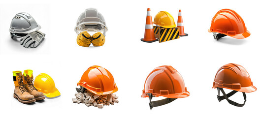 Collection of safety helmet with a pair of gloves resting inside, showing the readiness for a new workday. isolate on transparent background