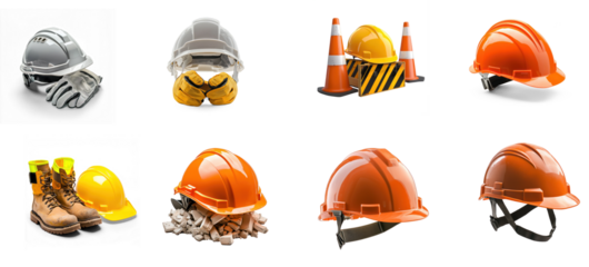 Collection of safety helmet with a pair of gloves resting inside, showing the readiness for a new workday. isolate on transparent background