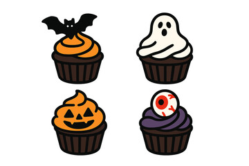 Colorful Halloween cupcakes featuring spooky designs like bats, ghosts, pumpkins, and eyeballs displayed on a white background