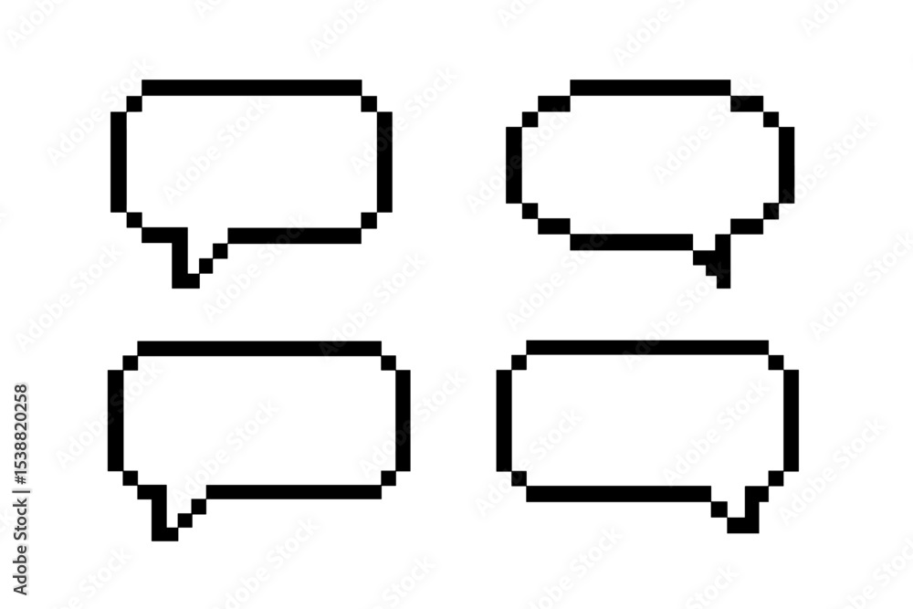 Poster four pixelated speech bubbles on a white background representing digital communication and expressio