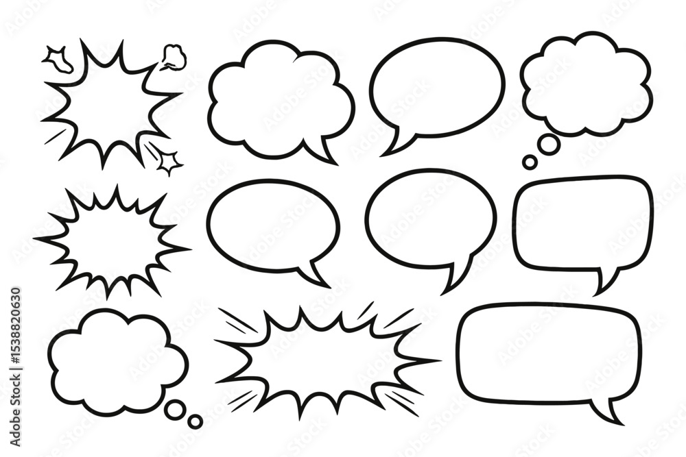Poster various speech and thought bubbles for creative design and communication projects in black outline s