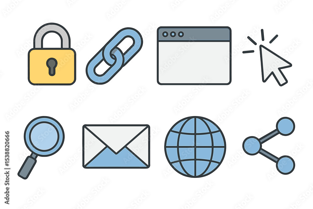 Poster digital icons representing online security, communication, and navigation tools displayed in a clean