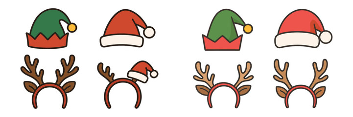 Holiday themed hats and reindeer antlers with bright colors suitable for festive celebrations and events throughout winter season