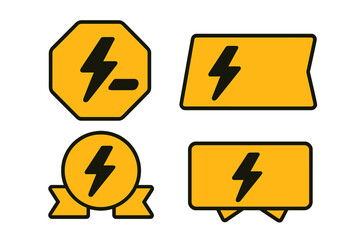 Collection of vibrant yellow electric power icons with lightning bolt symbol in various shapes and designs