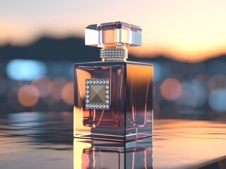 Amber Glass Perfume Bottle with Gold and Crystal Accents at Sunset
