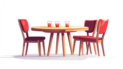 Table with three drinks and four red chairs, casting a violet shadow on the floor