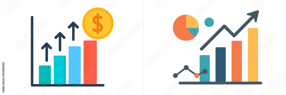 Poster visual representation of financial growth and data analysis using colorful charts and symbols with i