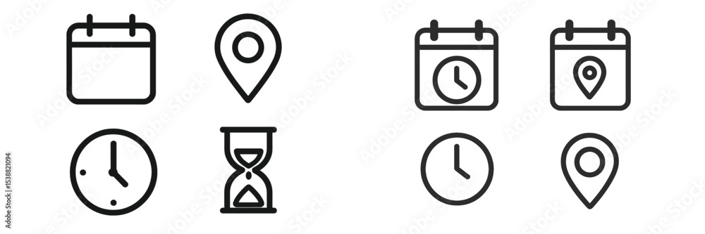 Poster digital icons representing time and location with calendars, clocks, and maps for user interface des