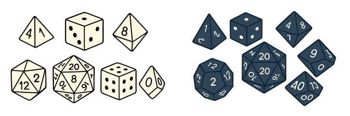 Colorful dice collection featuring various shapes for tabletop games and role-playing activities