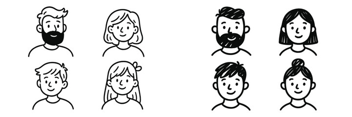 Diverse group of hand-drawn characters showcasing various hairstyles and expressions in a simple design style