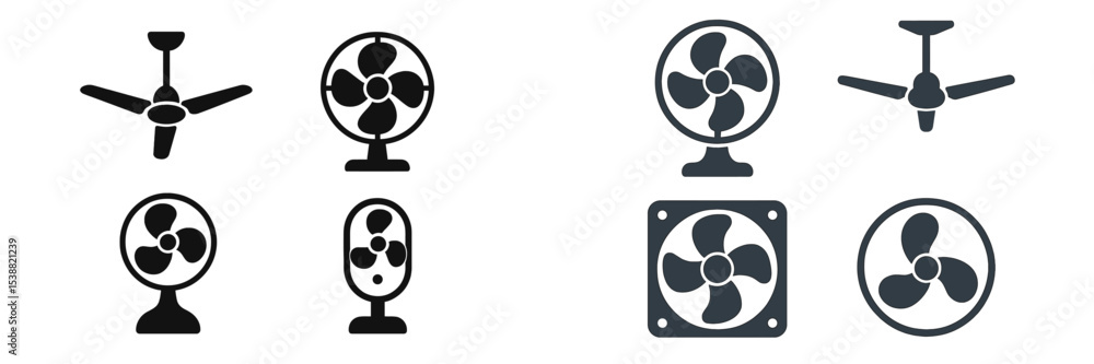 Poster various designs of ceiling and table fans displayed side by side for comparison in a simple graphic 