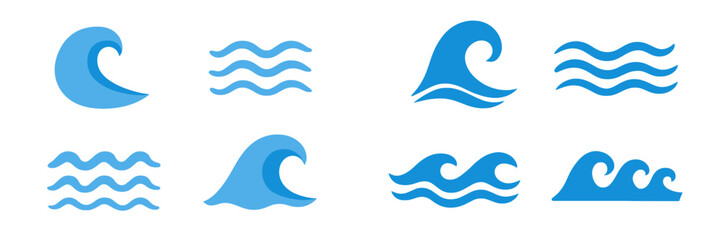 Collection of various wave illustrations in different styles and shapes against a plain background